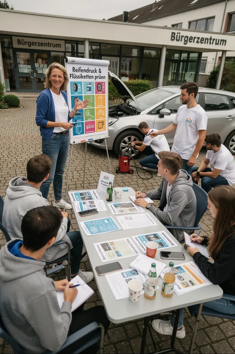 Nahaufnahme eines Armaturenbretts mit hervorgehobenen Warnleuchten zur Erklärung für neue Autofahrer. Mechaniker in Werkstatt erklärt einem jungen Fahrer die Bedeutung von Serviceintervallen und Fahrzeugdokumenten.