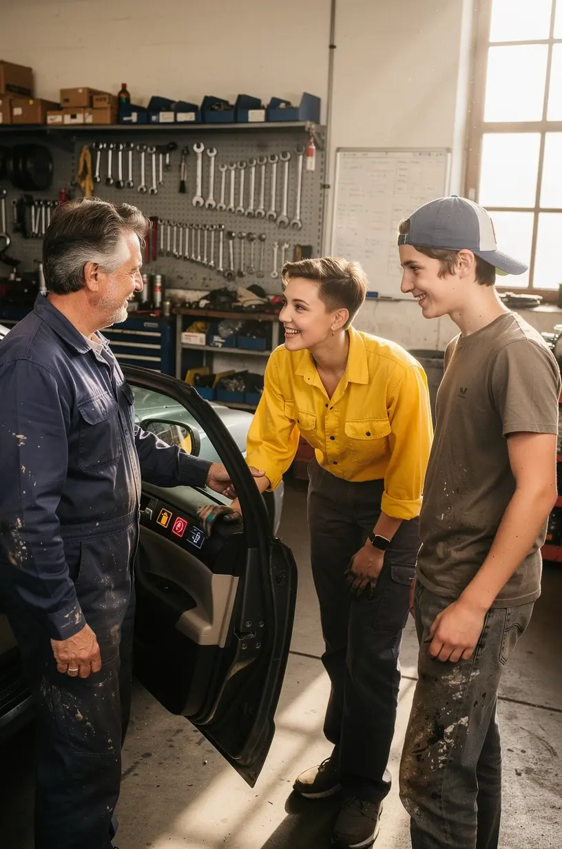 Nahaufnahme eines Armaturenbretts mit hervorgehobenen Warnleuchten zur Erklärung für neue Autofahrer. Mechaniker in Werkstatt erklärt einem jungen Fahrer die Bedeutung von Serviceintervallen und Fahrzeugdokumenten.